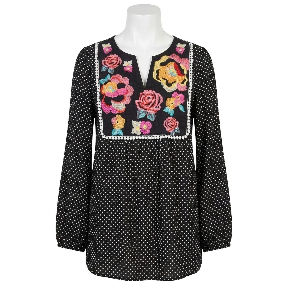 NEW ANDREE BY UNIT polka dot floral embroidered top in black multi